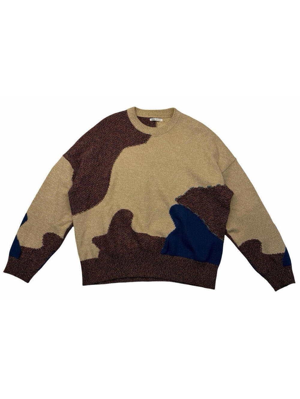 Zara Abstract Jacquard Knit Crewneck Sweater Multicolor Beige Size L